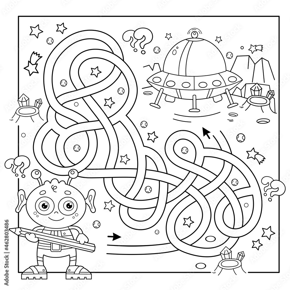 Maze or labyrinth game puzzle tangled road coloring page outline of cartoon alien with a flying saucer on a planet in space coloring book for kids vector