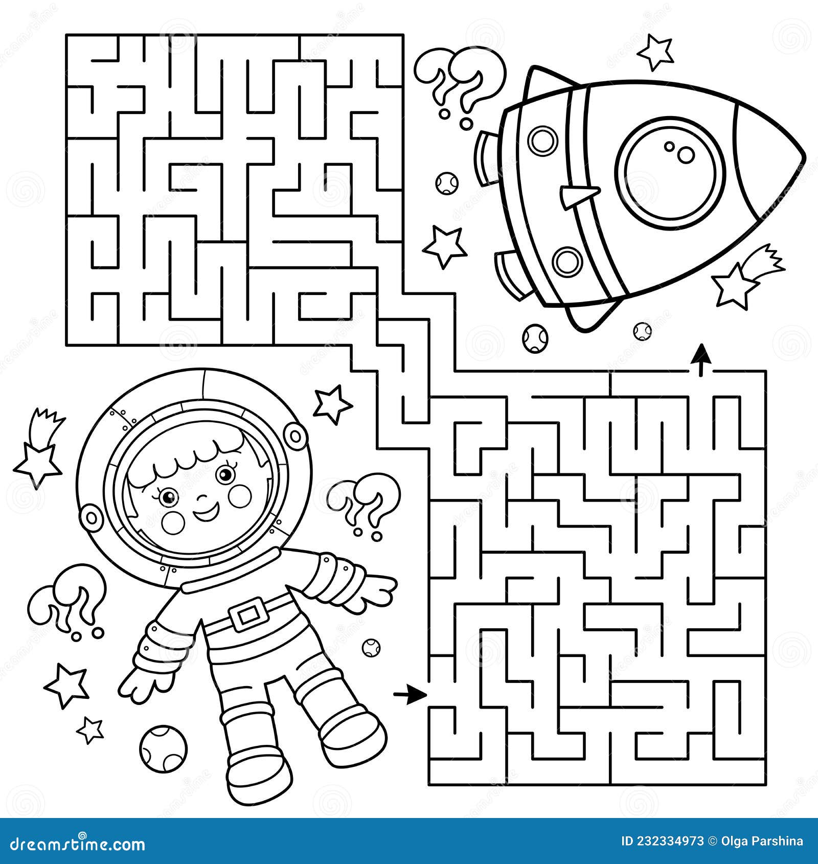 Maze or labyrinth game puzzle coloring page outline of cartoon astronaut with rocket in space little spaceman or cosmonaut stock vector