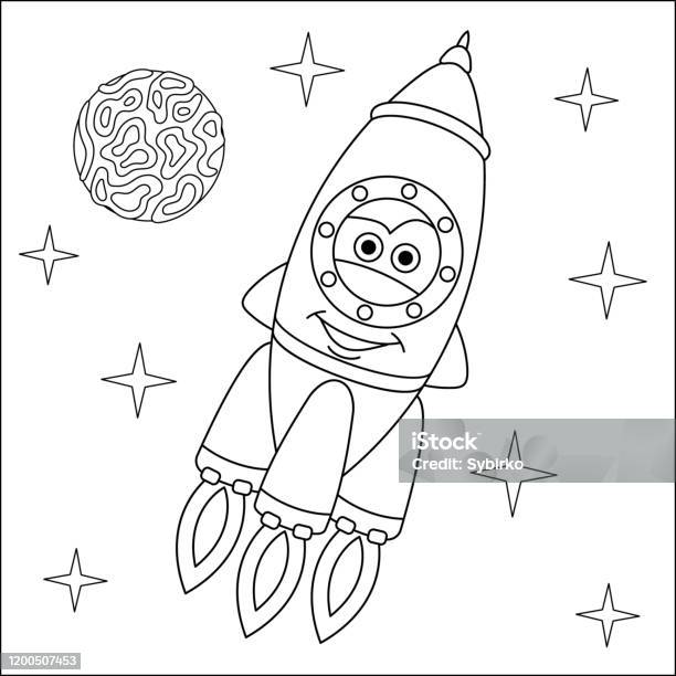 Coloring page of cartoon rocket ship stock illustration