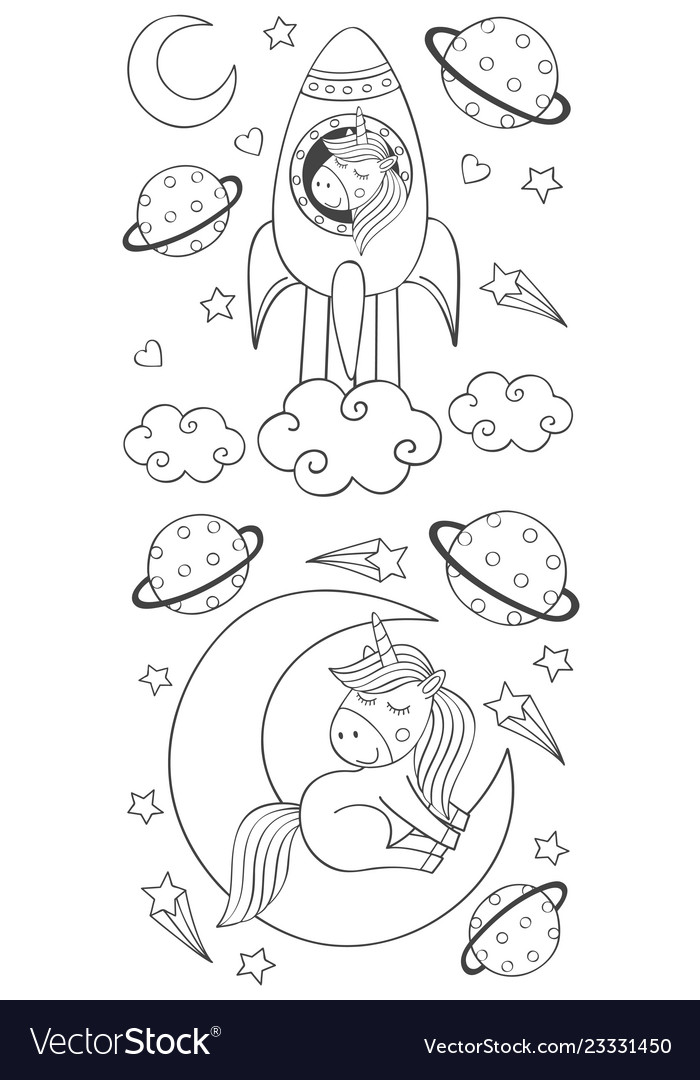 Set of isolated coloring cute unicorn in space vector image