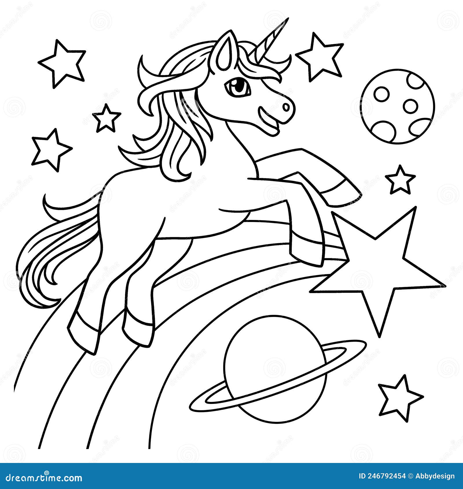 Unicorn space coloring page for kids stock vector