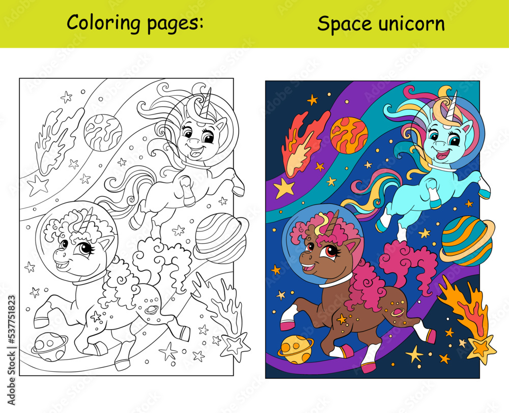 Cute unicorns in space coloring and color book page vector