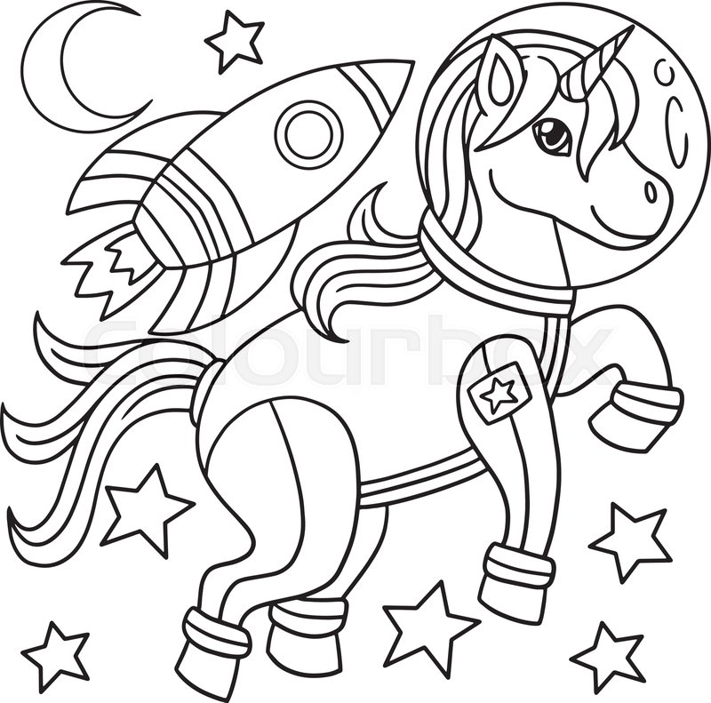 Unicorn astronaut in space coloring page for kids stock vector
