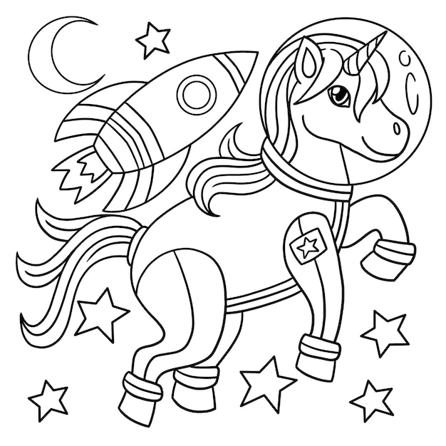 Premium vector unicorn astronaut in space coloring page for kids