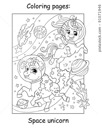 Cute unicorns in space coloring book page
