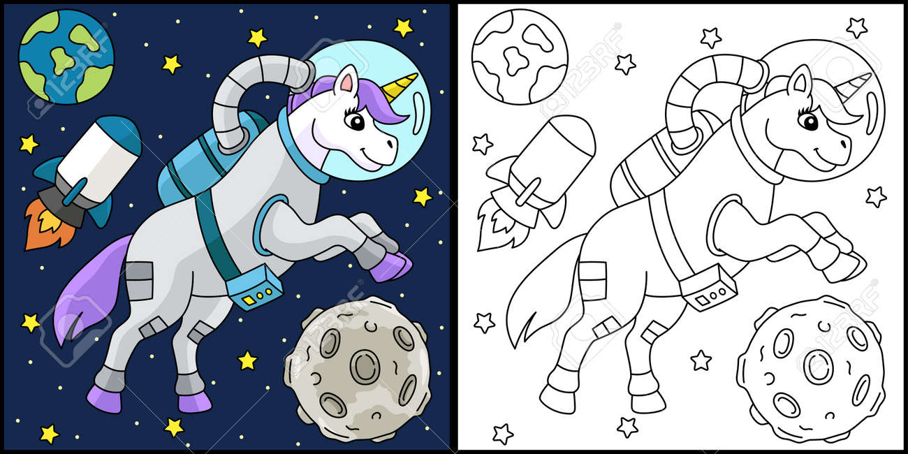 Unicorn astronaut in space coloring page colored royalty free svg cliparts vectors and stock illustration image