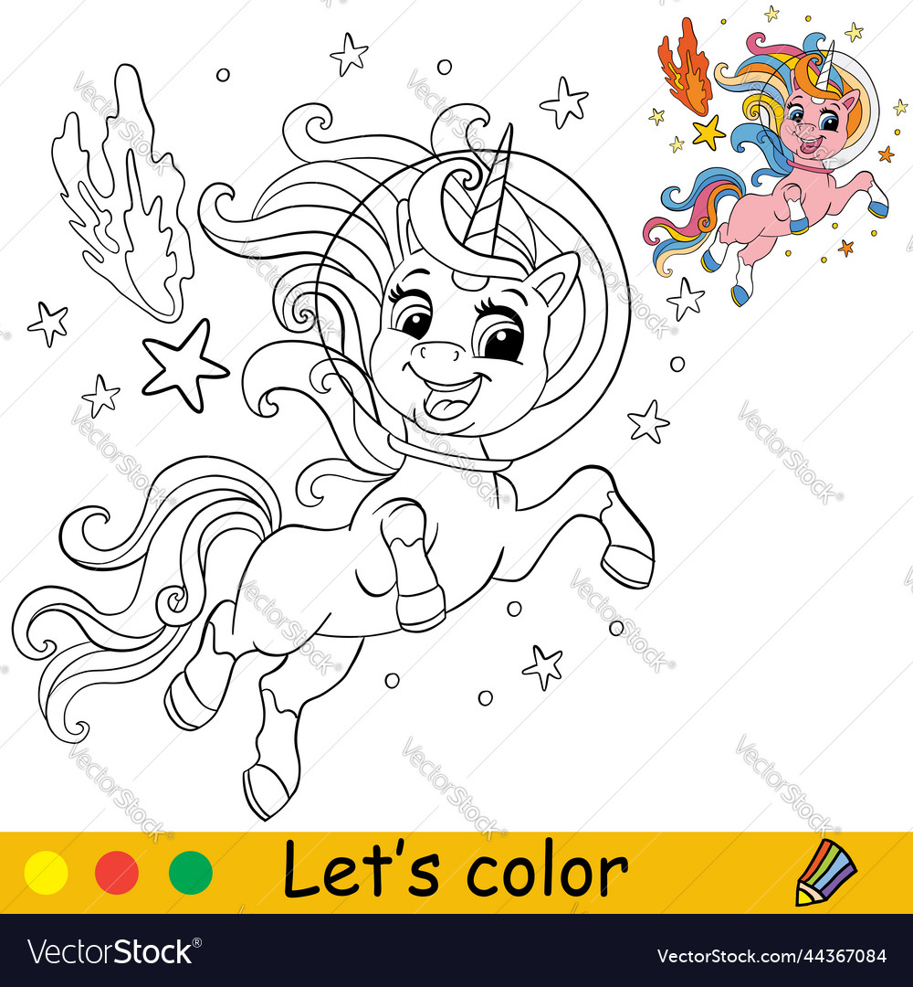 Cartoon space unicorn with et coloring book vector image