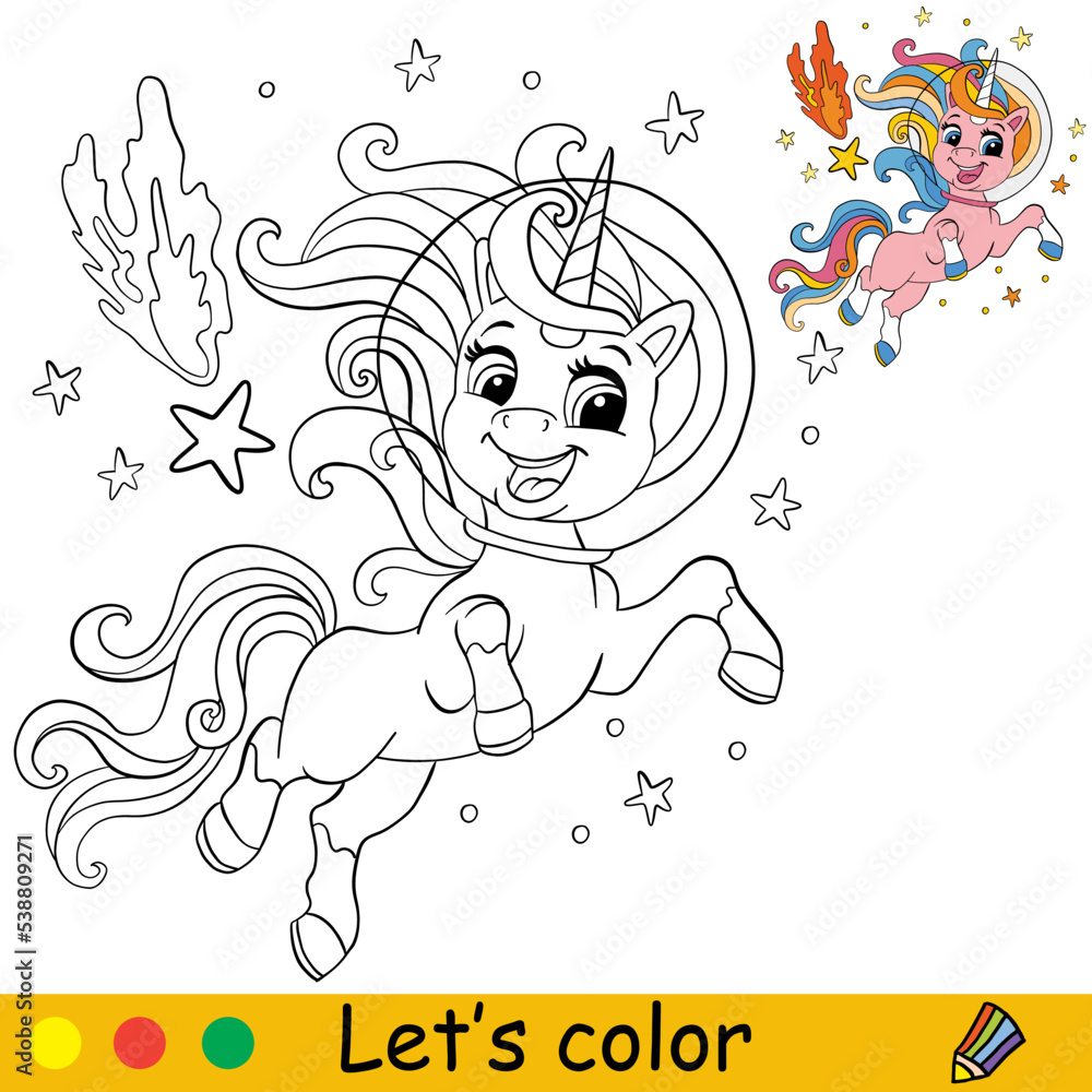 Cartoon space unicorn with et coloring book page vector vector