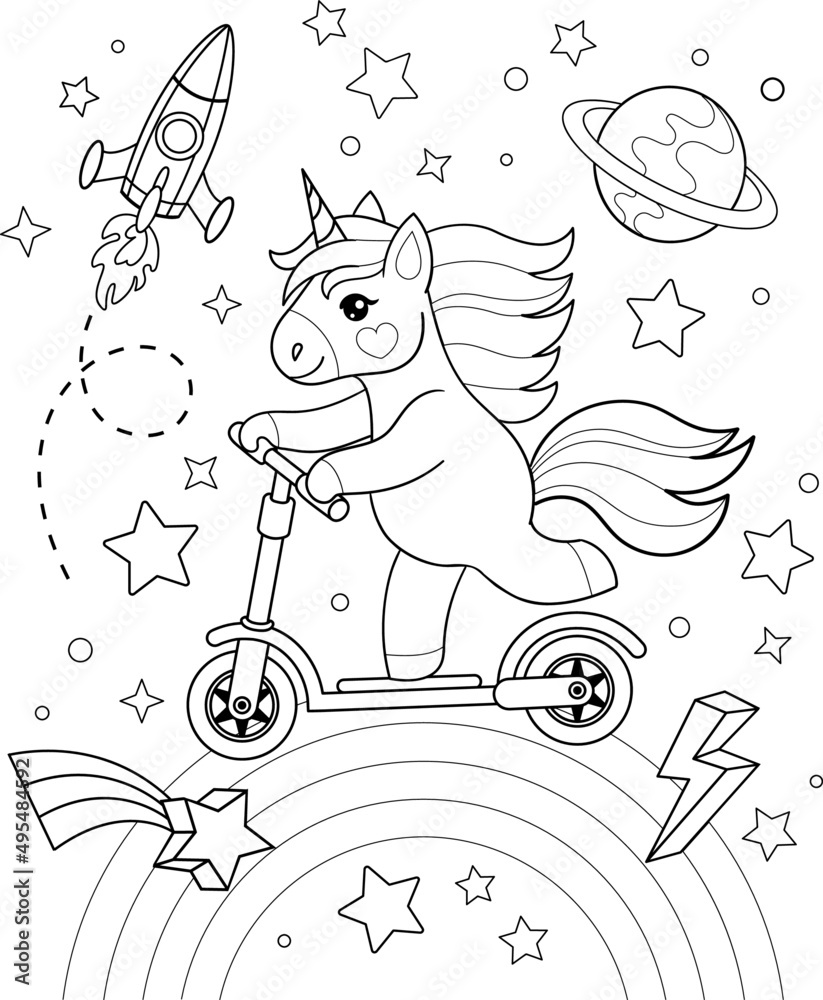 Happy unicorn ride on electric scooter in space vector outline for coloring book vector