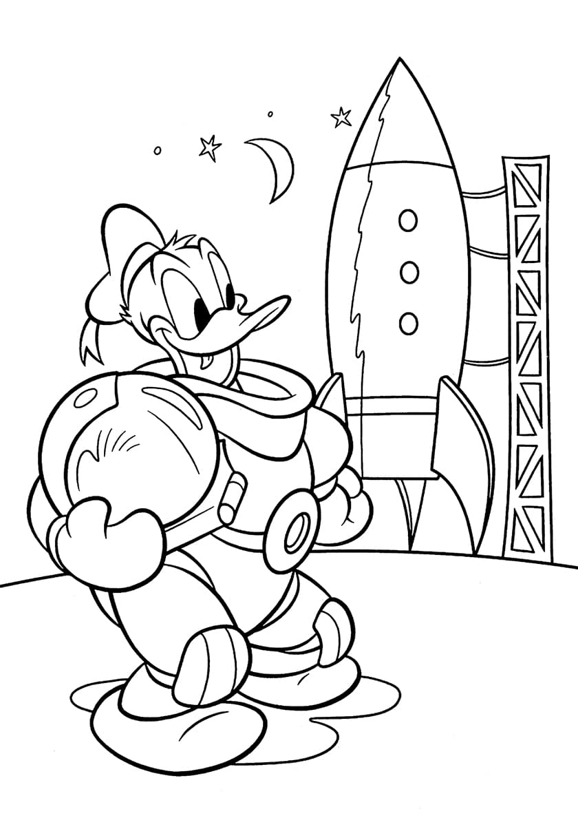 Donald duck and a spaceship coloring page