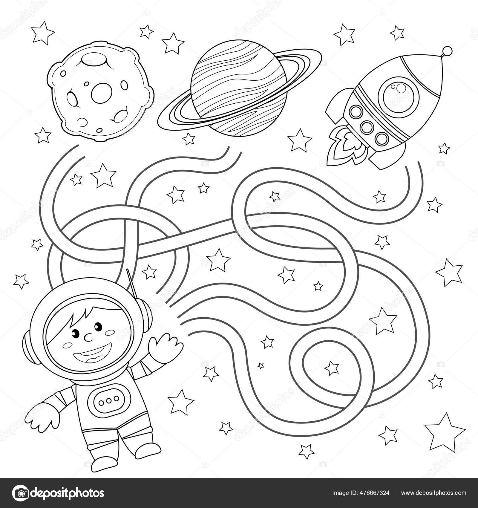 Help cosmonaut find path rocket labyrinth maze game kids black stock vector by alka