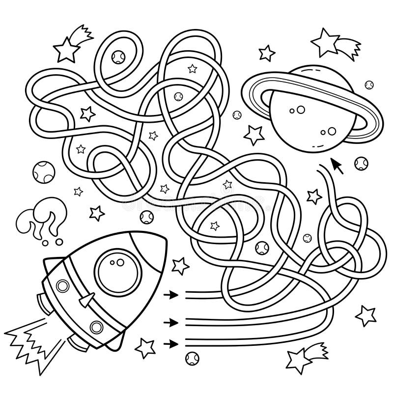 Maze or labyrinth game puzzle tangled road coloring page outline of cartoon rocket in space coloring book for kids stock vector