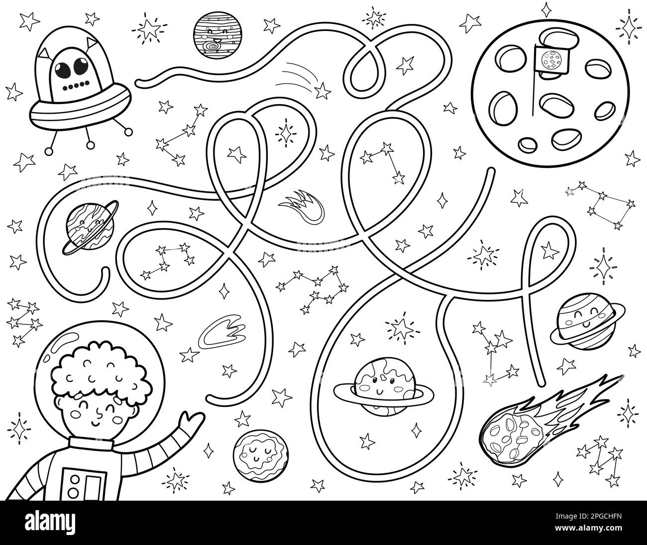 Black and white space maze for kids help a cute boy astronaut find way to the moon stock vector image art