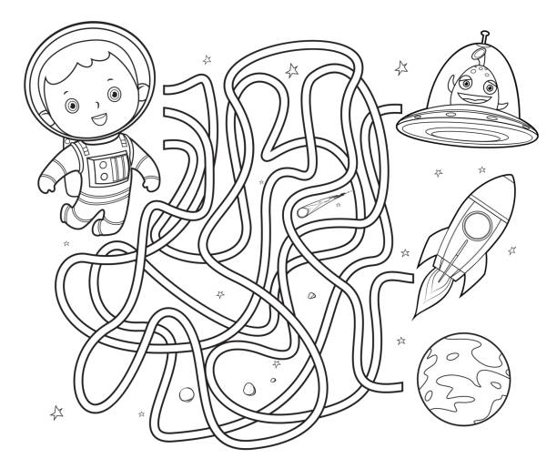 Black and white space maze for kids stock illustration
