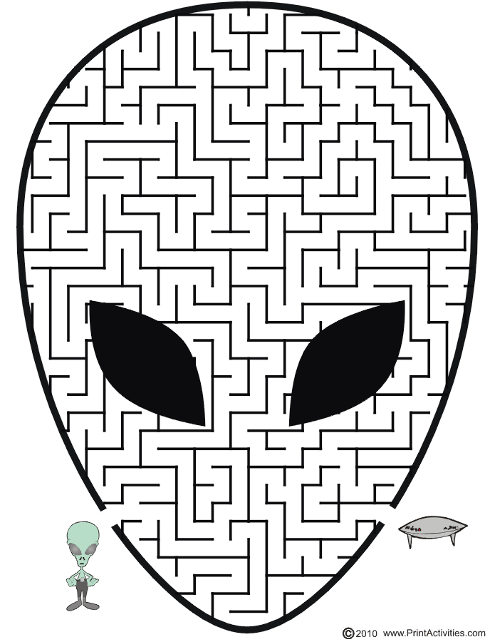 Printable alien maze shaped like alien head mazes for kids printable printable mazes mazes for kids