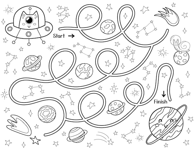 Premium vector black and white space maze for kids help a cute alien in a flying saucer find way to the planet