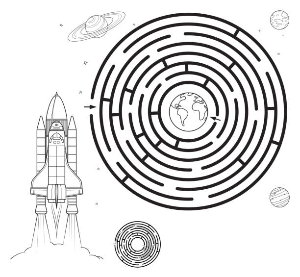 Black and white space maze puzzle or labyrinth game for kids coloring page with tangled road coloring book for kids stock illustration