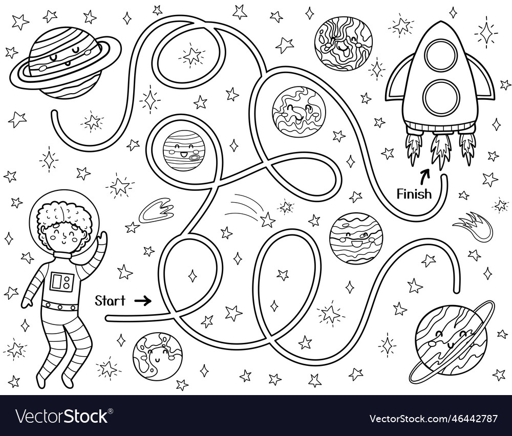 Black and white space maze for kids help a cute vector image