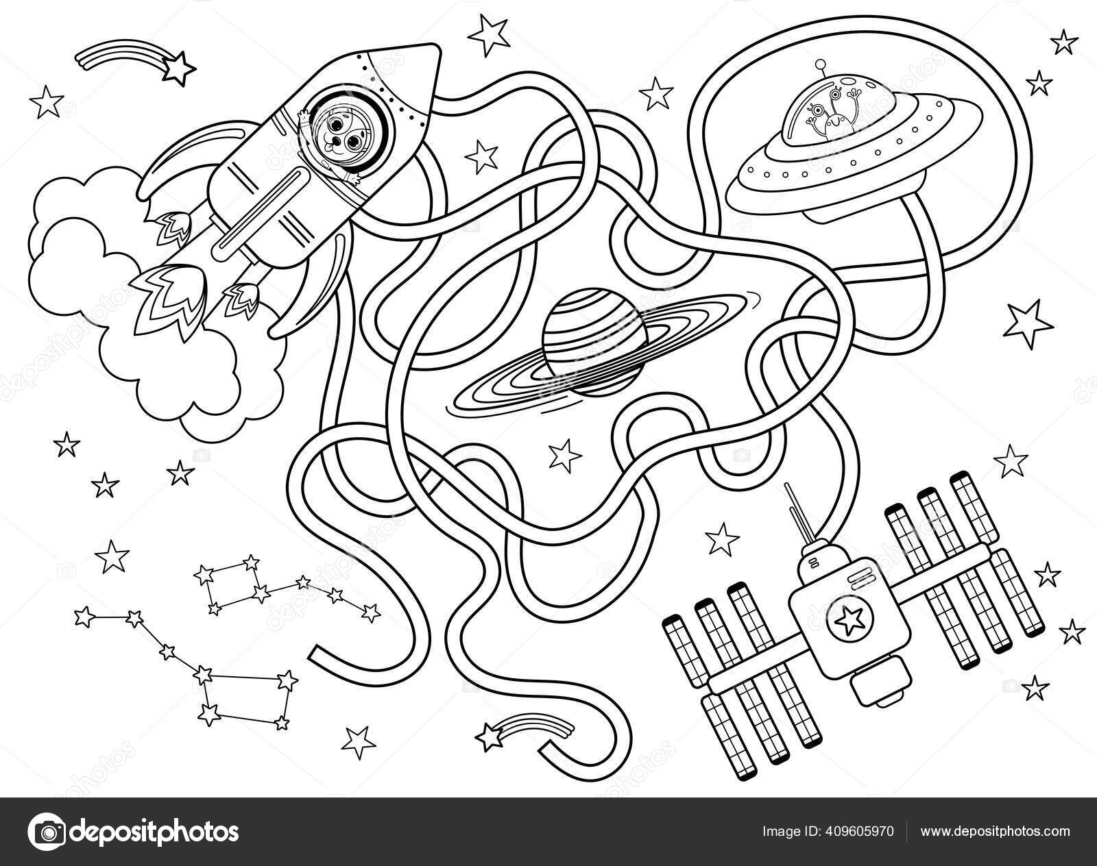Help spaceship find right way international space station maze labyrinth stock vector by elenaparshina