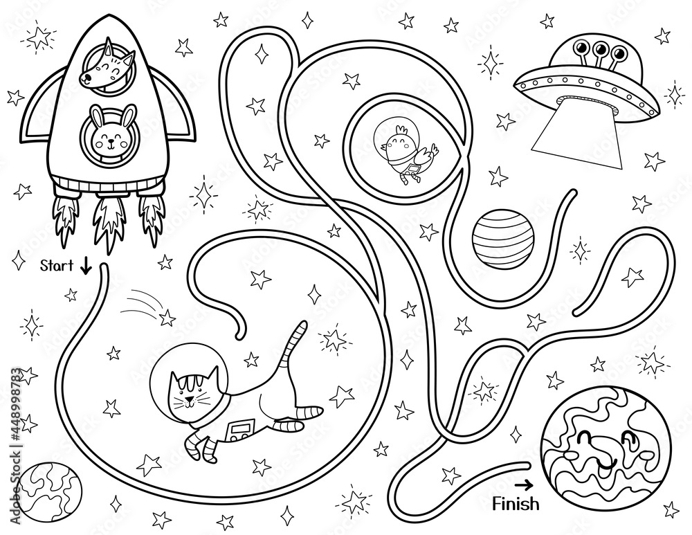 Help cute animals in a rocket find a way to the planet mercury black and white