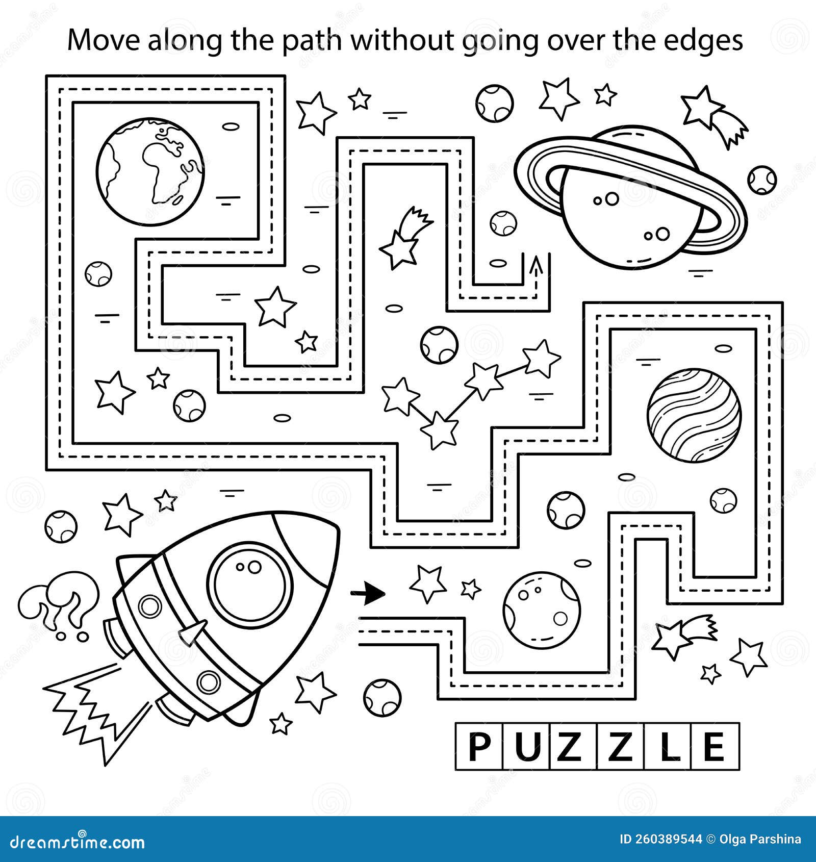 Handwriting practice sheet simple educational game or maze coloring page outline of cartoon rocket in space stock vector