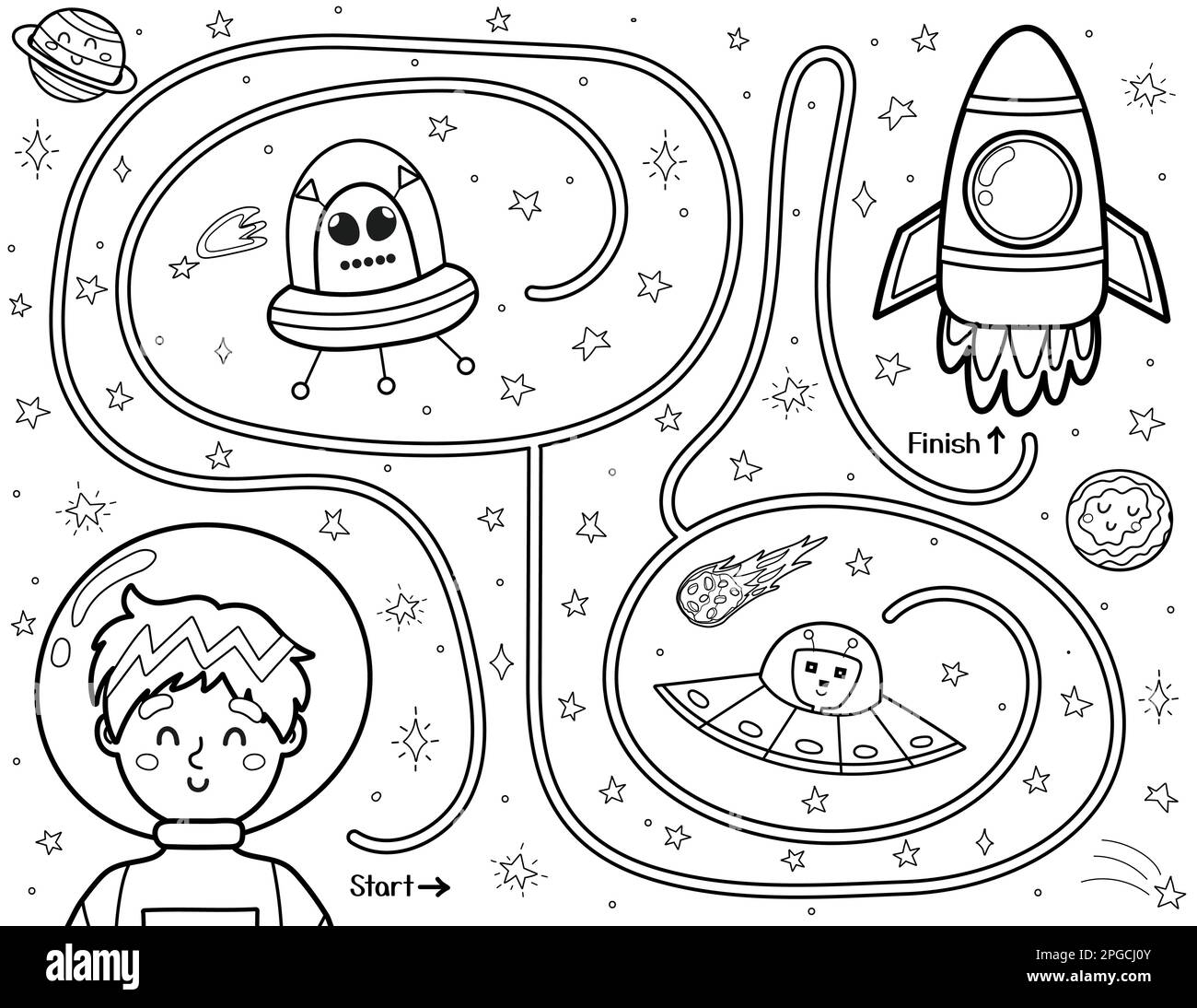 Help cute boy astronaut find a way to the rocket black and white space maze for kids stock vector image art