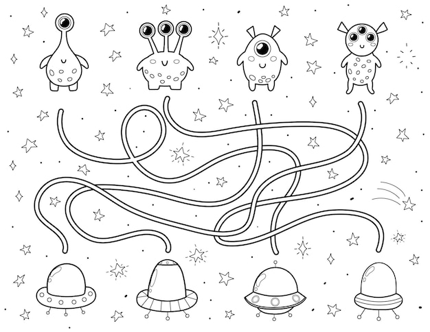 Premium vector find the correct flying saucer for each alien black and white space maze for kids activity page