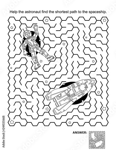 Space exploration maze game and coloring page help the astronaut find the shortest path to the spaceship answer included vector
