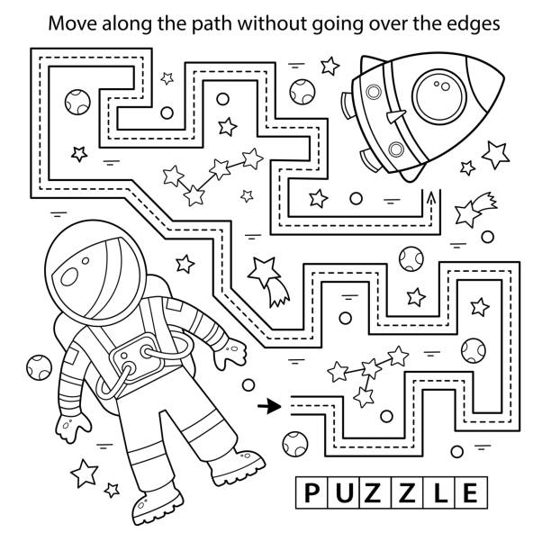 Handwriting practice sheet simple educational game or maze coloring page outline of cartoon astronaut with rocket in space spaceman or cosmonaut coloring book for kids stock illustration