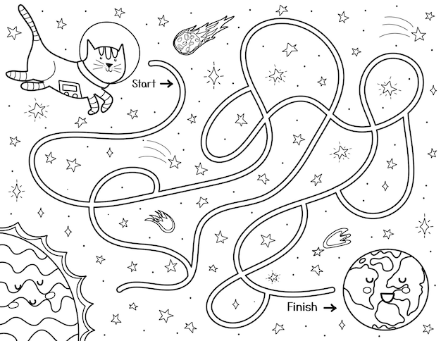 Premium vector help a cute cat astronaut find a way to the earth black and white space maze for kids