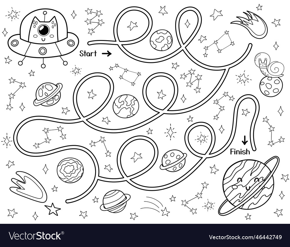 Black and white space maze for kids help a cute vector image