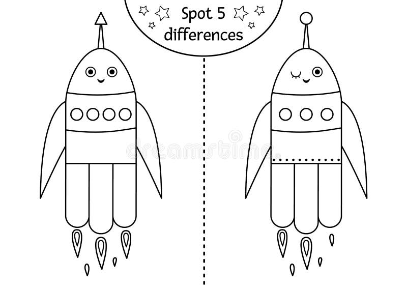 Space black and white find differences game for children astronomy educational activity with funny space ship stock vector