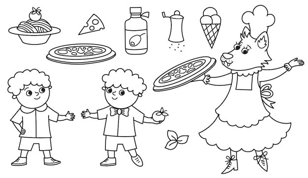 Premium vector black and white set with cook wolf and two boys pizza gelato spaghetti olive oil coloring page for italian cuisine restaurant traditional rome food and chef illustration funny clipart