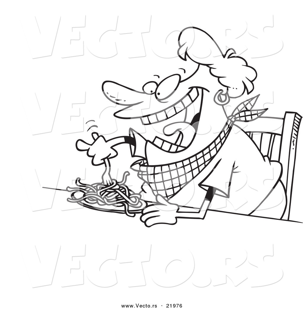 R of a cartoon fat woman eating spaghetti