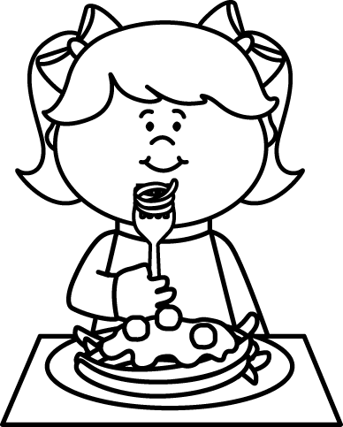Black and white kid eating spaghetti clip art