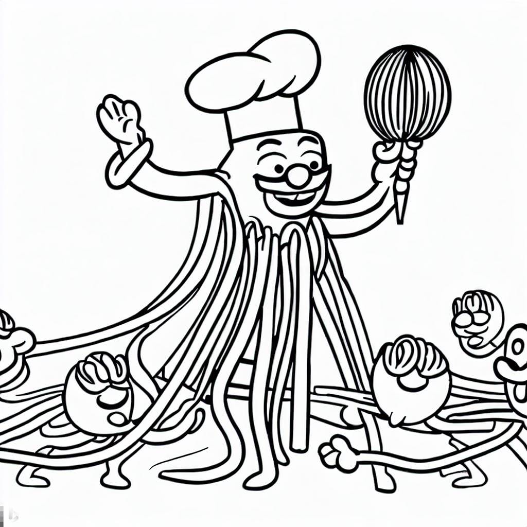 Dancing spaghetti preaching religion to a group of meatballs coloring book rweirddalle