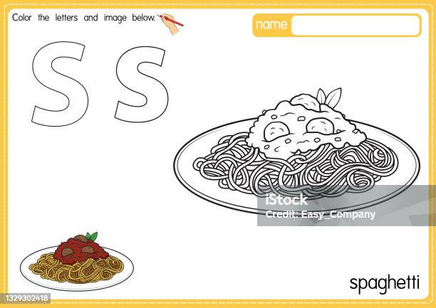 Vector illustration of kids alphabet coloring book page with outlined clip art to color letter s for spaghetti stock illustration