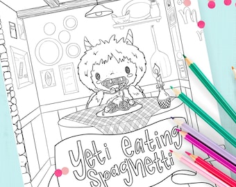 Yeti eating spaghetti coloring page for kids printable coloring sheet