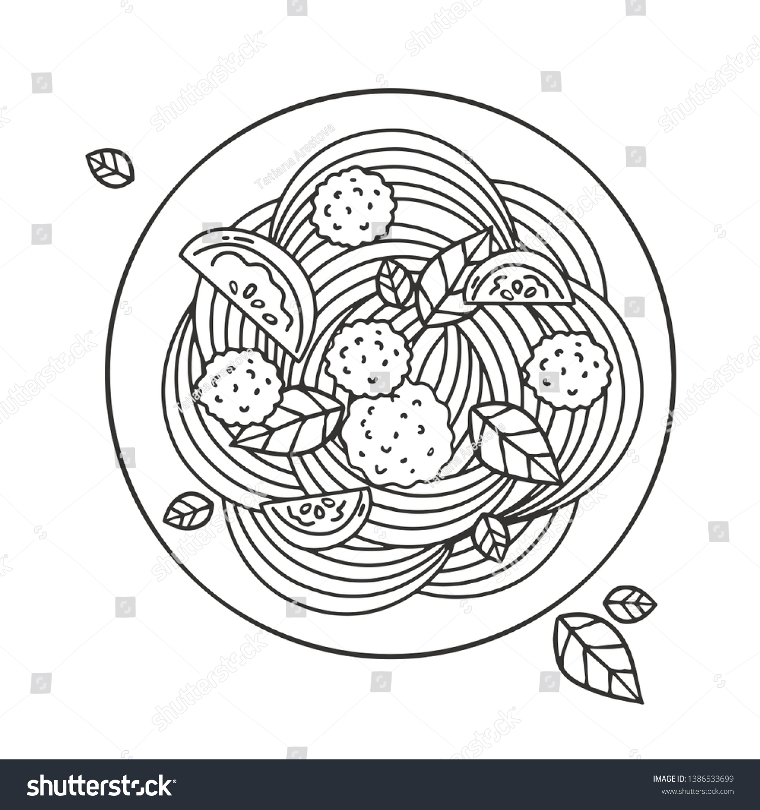 Graphic image form coloring pasta meatballs stock vector royalty free