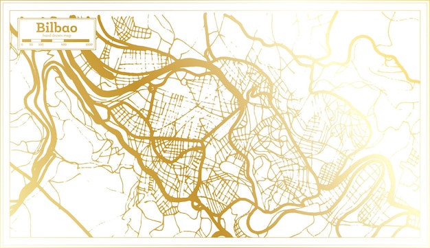 Mappa della ctã di bilbao in spagna in stile retrã con mappa di contorno a colori dorati vettore premium