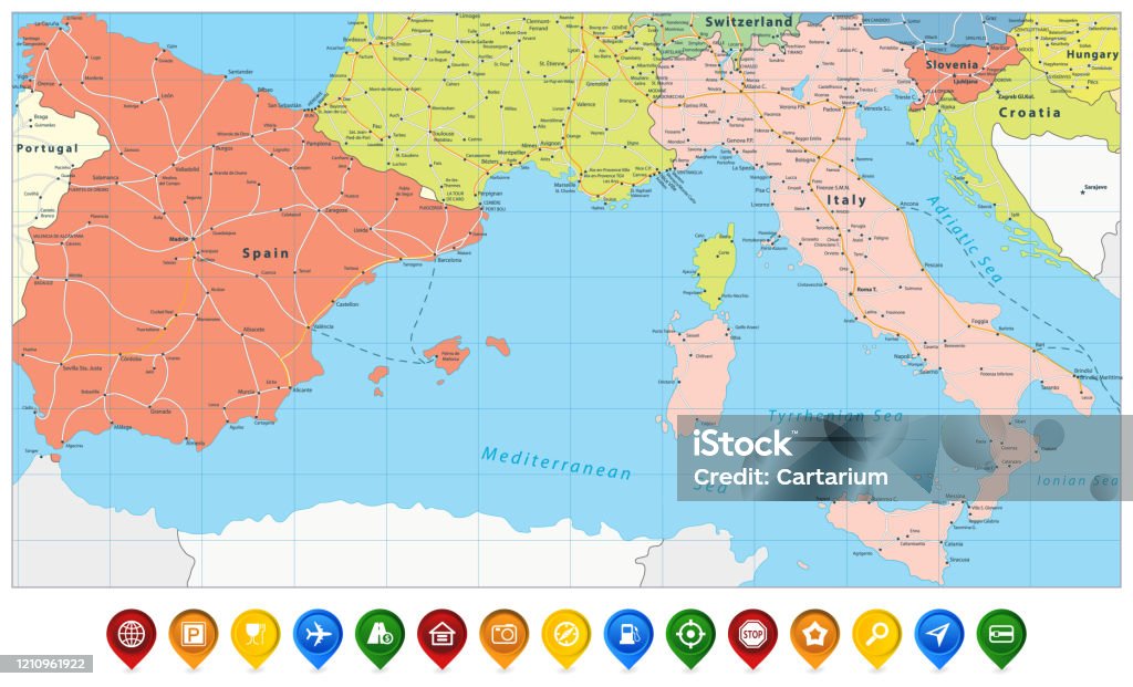 Mappa spagna e italia e icone delle mappe colorate