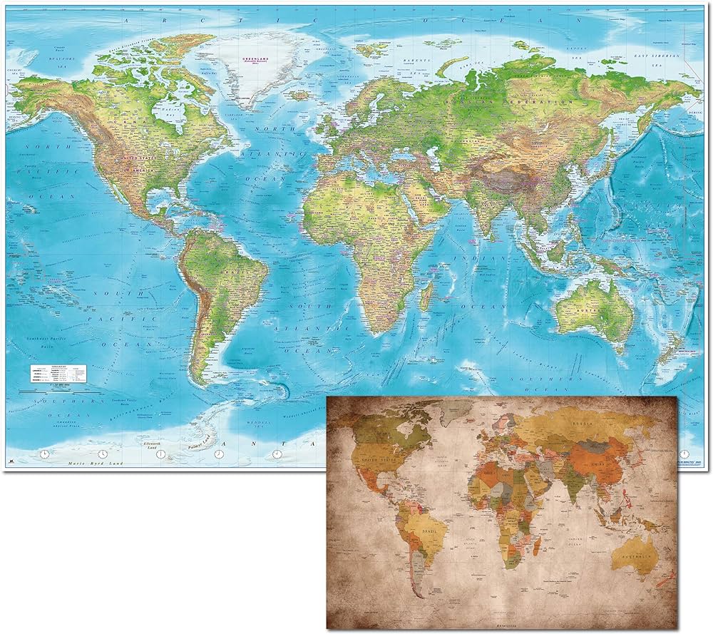 Great art xxl set di poster â mappa del mondo in rilievo e piccola mappa del mondo retrã â decorazione gall proiezione maps