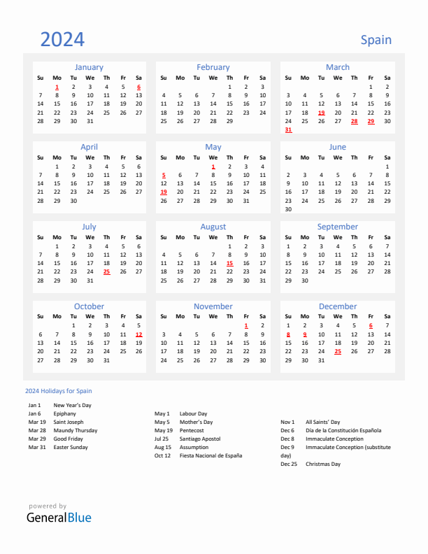 Spain calendar with holidays