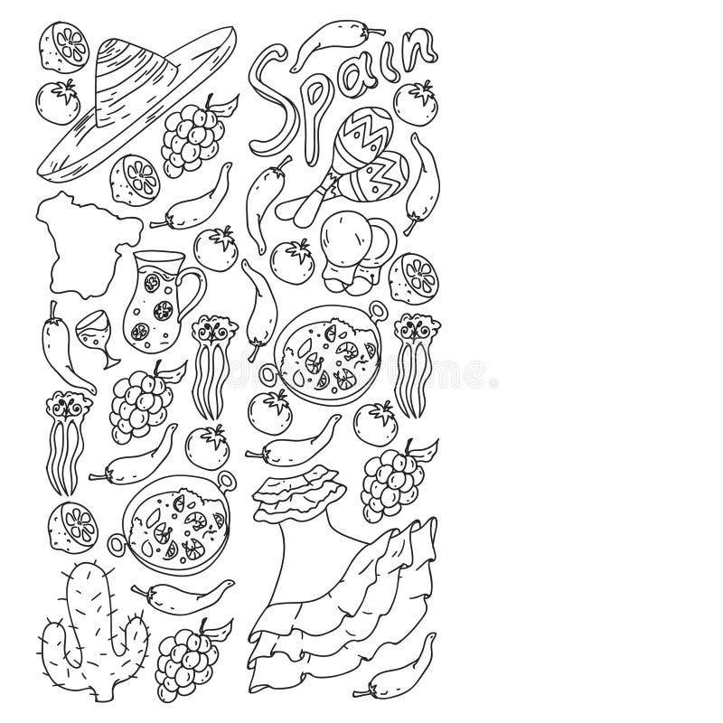 Spain travel coloring page pattern with spanish vector doodles elements eat spanish food play spanish guitar dance stock vector