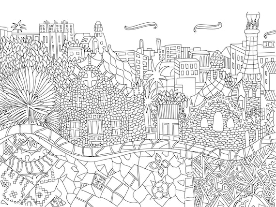 Barcelona printable coloring page spain travel colouring sheet adult downloadable coloring page coloring page for all ages