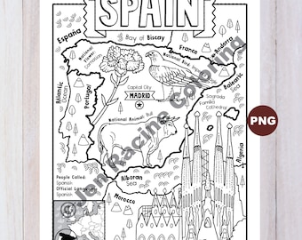 Spain coloring page geography of europe digital download coloring page