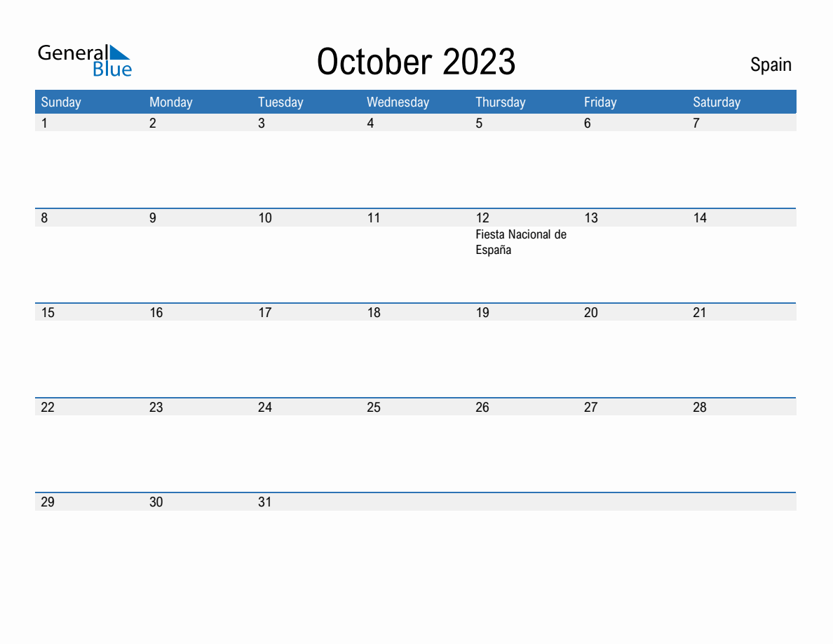 October monthly calendar with spain holidays