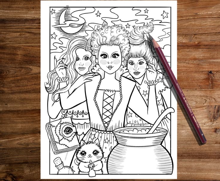 Hocus pocus coloring pagehalloween coloring page hocus pocus fun halloween witch whimsical coloring page halloween coloring page