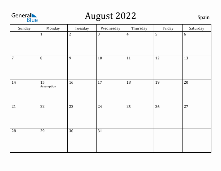 August monthly calendar with spain holidays