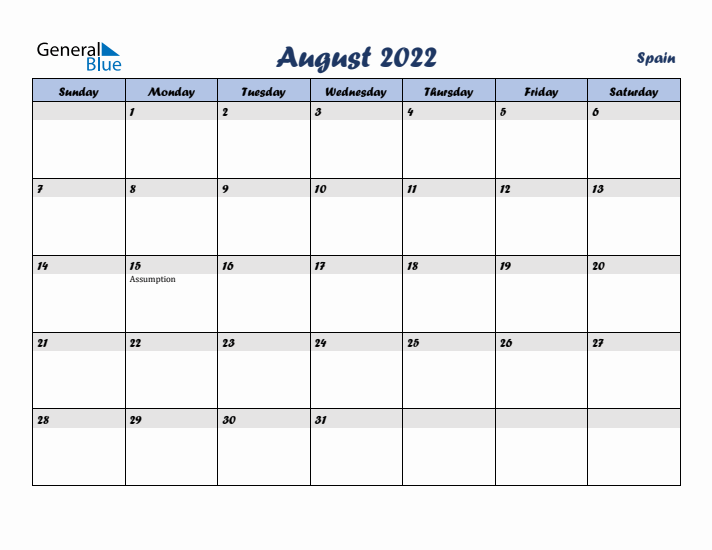 August monthly calendar with spain holidays